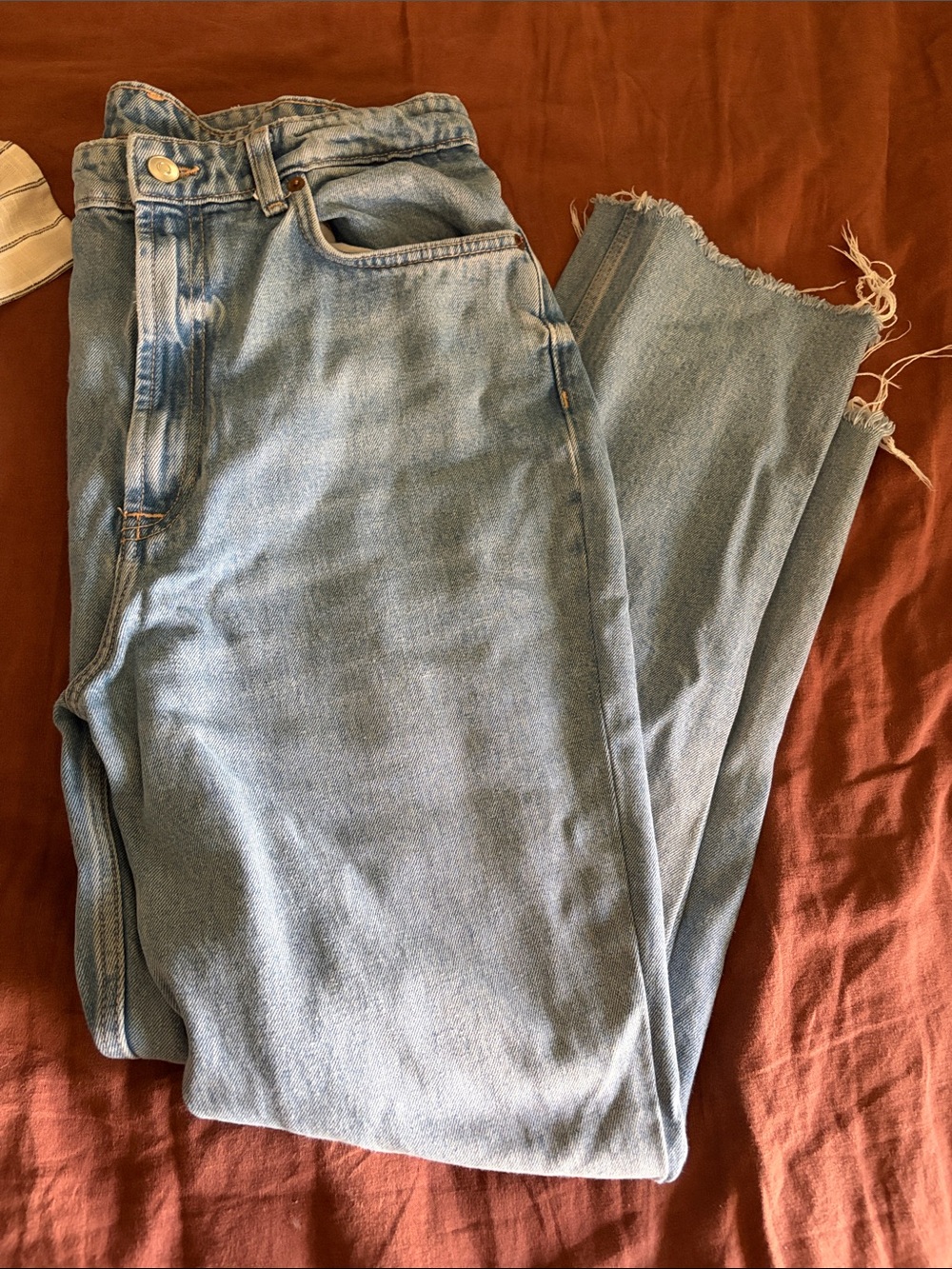 Zara Light Blue High-Rise Straight Jeans with Raw Hem